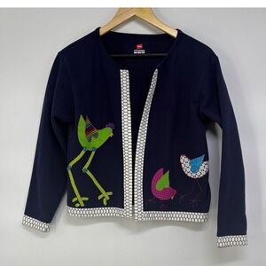 Womens‎ Upcycled Navy Blue Whimsical Bird Applique Open Front Cardigan M Novelty